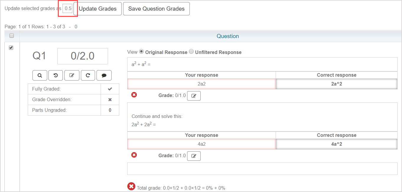The update selected grades as field is highlighted and shows a manually entered value of 0.5.